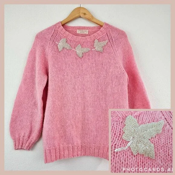 American VTG Womens Sz M Hand Knit Beaded Sweater Pullover Maple Leafs Holiday - Picture 1 of 12